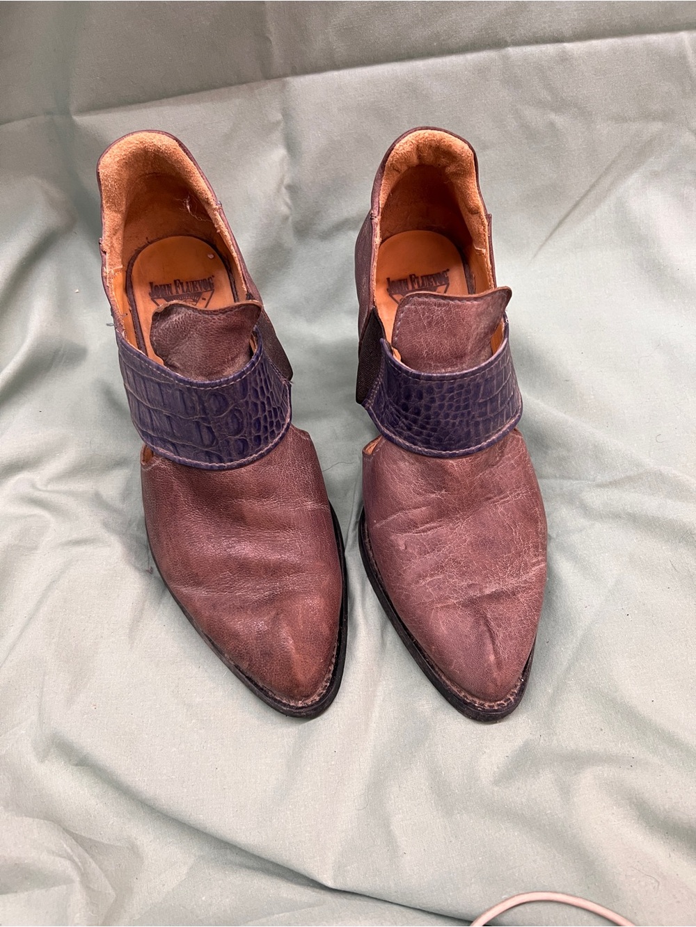 John Fluevog Leather Pointed Toe Heels in Brown with Strap